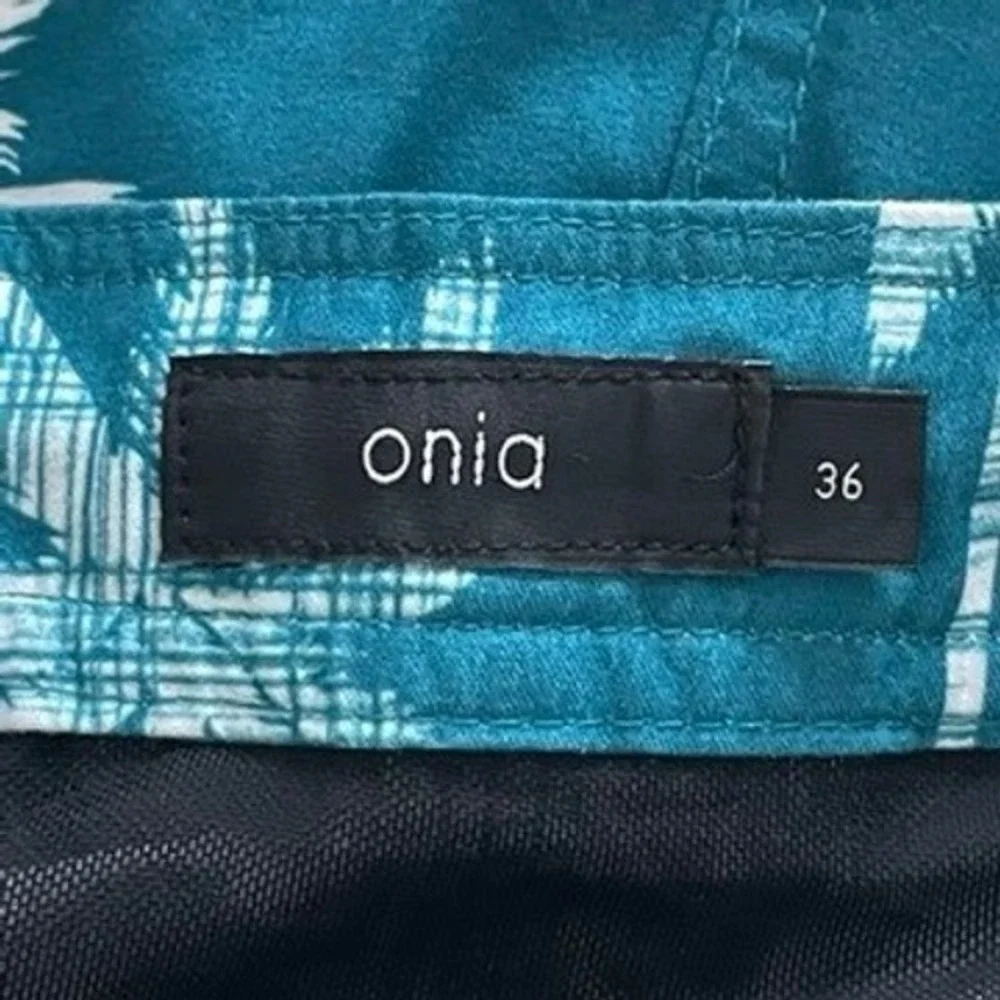 Onia Swim Shorts Mens 36 Teal White Palm Tree Tropical Beach Vacation 8 Inseam